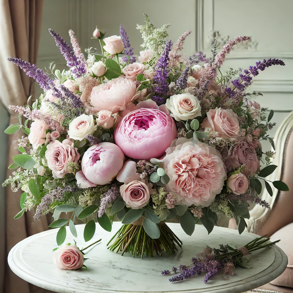 Bukiet z różowych piwonii, białych róż i lawendy